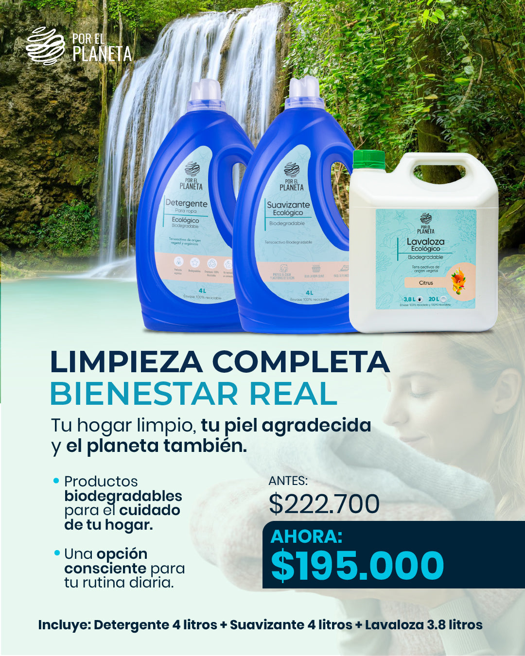 Kit Limpieza Completa Bienestar Real – Detergente 4L + Suavizante 4L + Lavaloza 3.8L