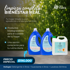Kit Limpieza Completa Bienestar Real – Detergente 4L + Suavizante 4L + Lavaloza 3.8L